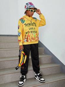 Tween Boy Slogan & Fire Print Hoodie & Hat - Yellow - View 7