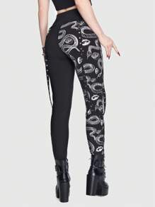 ROMWE Goth Snake Print Straps Detail Leggings - Black - View 2