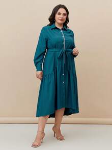 Mulvari 大碼拼接邊腰帶襯衫洋裝 - 水鴨藍 - 查看 5