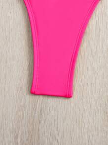 SHEIN Swim 夏季海滩褶饰高腰比基尼泳裤，度假泳装 - 玫紅色 - 查看 4