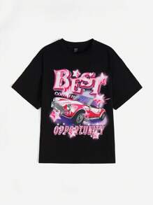 SHEIN EZwear 汽車和字母圖案T恤 - 黑色 - 查看 3