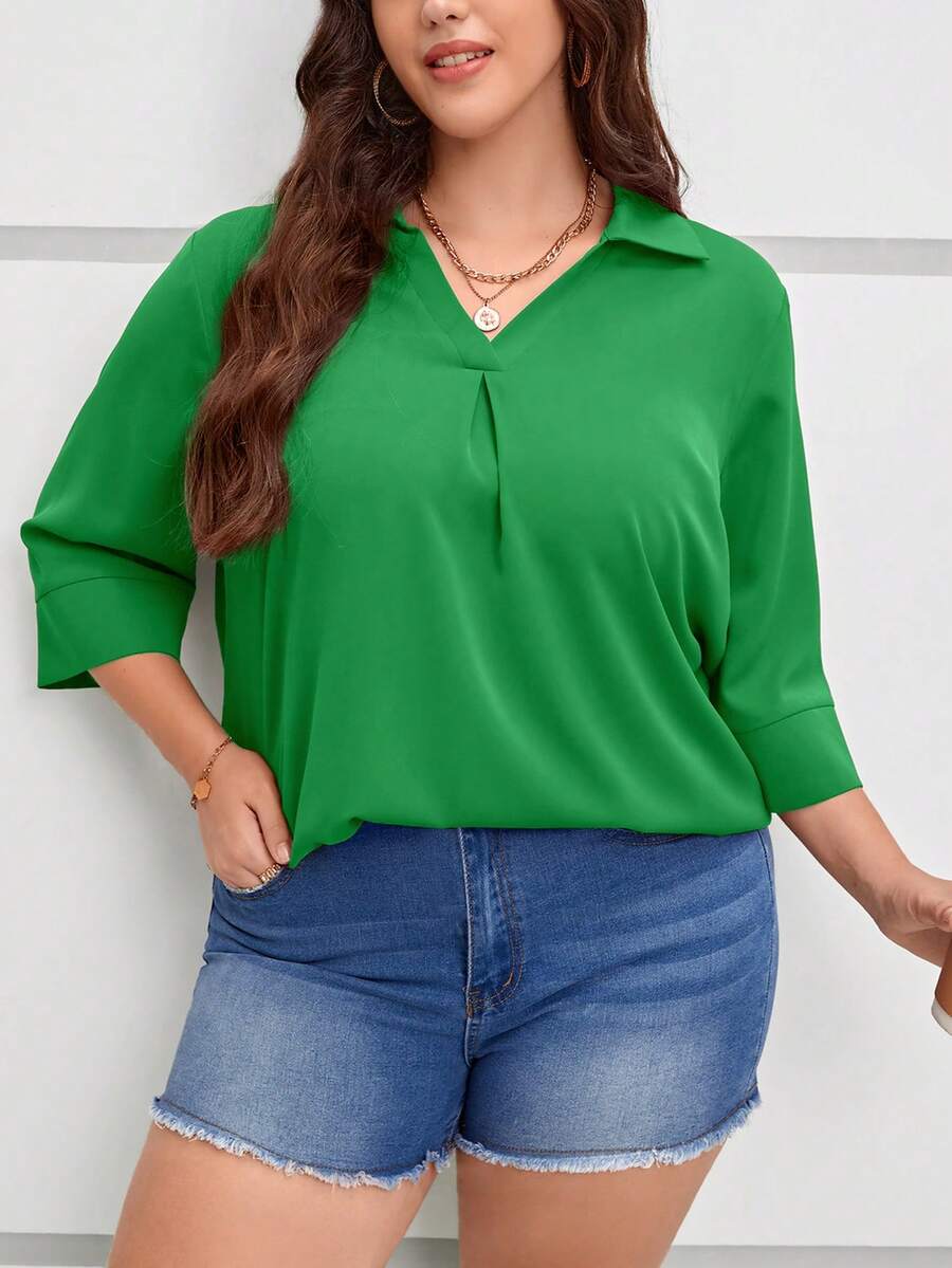 SHEIN LUNE Hơn Chất rắn Chi tiết xếp li Áo sơ mi - màu xanh lá - Xem 1