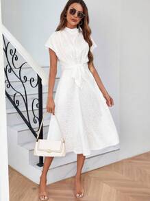 SHEIN Clasi Báo Dệt hoa tay cánh Váy có thắt lưng - Màu be - Xem 6