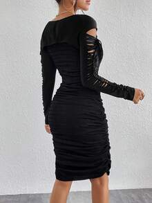 SHEIN Unity 素色繫帶T恤&褶邊緊身洋裝 - 黑色 - 查看 3