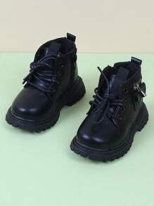 Infant Lace-up & Zipper Design Mini Lock Decor Boots - Black - View 4