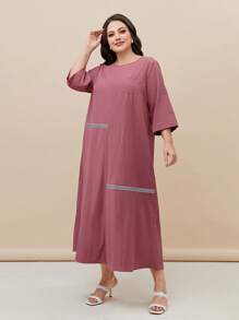 Mulvari Đầm Plus Size Nút Túi Ruy băng Sọc Giải trí - Bụi hồng - Xem 4