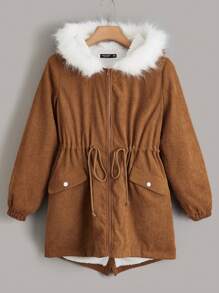 SHEIN EZwear 加大抽绳腰部毛绒装饰连帽派克大衣，适合冬季 - 棕色 - 查看 4