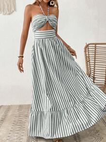 SHEIN VCAY Striped Print Cut Out Ruffle Hem Halter Dress