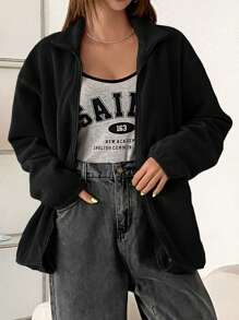 DAZY Zip Up Drop Shoulder Fleece Jacket,Winter - Black - View 3