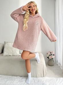 Thêu trái tim Thả vai áo có mũ Teddy Váy ngủ - Màu Hồng baby - Xem 5
