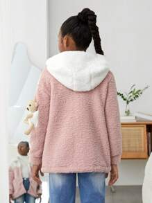 SHEIN Tween Girl Two Tone Drop Shoulder Zipper Teddy Coat - Pink - View 2