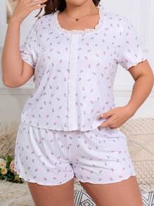 大碼碎花蕾絲邊睡衣套裝 - 白色 - 查看 1