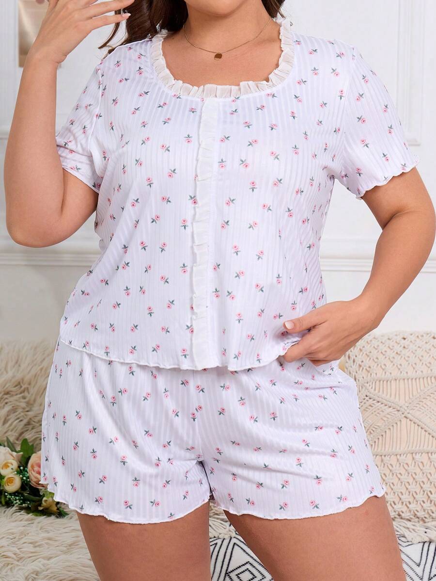 大碼碎花蕾絲邊睡衣套裝 - 白色 - 查看 1