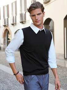 SHEIN Cottnline Men Solid Sweater Vest Without Shirt - Black - View 5