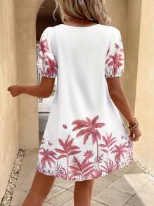 SHEIN VCAY Tropical Print Puff Sleeve Dress - Red - View 2