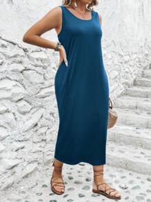SHEIN LUNE Talla grande Vestido tank unicolor - Azul Marino - Ver 5