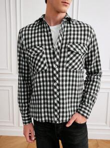 SHEIN Cottnline Men Gingham Print Flap Pocket Shirt - Black and White - View 5