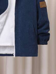 SHEIN Tween Boy Letter Patched Detail Teddy Lined Hooded Corduroy Coat Without Tee - Navy Blue - View 6