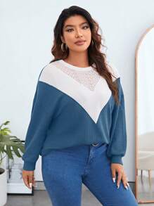 SHEIN Essnce Hơn Khối màu Ren tương phản Thả vai Áo nỉ - Màu xanh bụi bặm - Xem 5