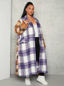SHEIN CURVE+ Plus Plaid Print Drop Shoulder Belted Overcoat