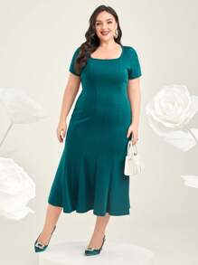 Mulvari Talla grande Vestido unicolor bajo sirena - Agua verde azul - Ver 5