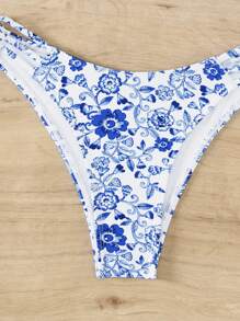 SHEIN Swim 夏季沙灘花卉印花剪裁比基尼套裝 - 藍白色 - 查看 5