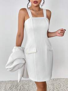 SHEIN Privé 翻蓋細節夾克&吊帶洋裝 - 白色 - 查看 4