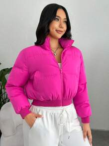 SHEIN EZwear Áo khoác đệm có khóa kéo cỡ lớn - Màu Hồng Tươi - Xem 5