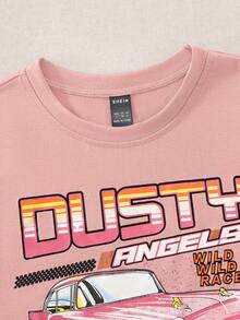 SHEIN Essnce 汽車和字母圖案短款T恤 - 粉色 - 查看 4