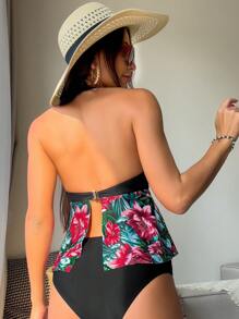 Tropical Print Ruffle Hem Tankini - Black - View 2