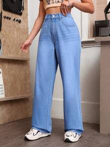 SHEIN EZwear Cao eo quần ống rộng Quần jean - Rửa nhẹ - Xem 3