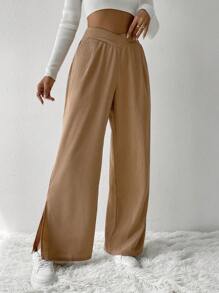 SHEIN Unity Asymmetrical Waist Wide Leg Pants - Khaki - View 7