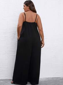 SHEIN CURVE+ 休閒口袋純色加大碼連身褲 - 黑色 - 查看 2