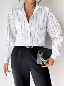 SHEIN Essnce Áo Sơ Mi Sọc Dài Tay Xuân Thu Nữ - trắng - Xem 3