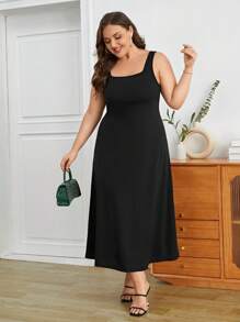 SHEIN Privé Plus Solid Tank Dress - Black - View 3