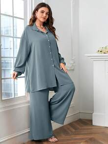 SHEIN LUNE Hơn Thả vai Áo sơ mi & Quần ống rộng - Màu xanh bụi bặm - Xem 3