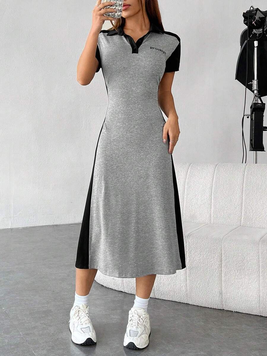 SHEIN EZwear Vestido con estampado de letra de cuello polo - Gris - Ver 1