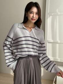 DAZY Mẫu sọc Tay Raglan Áo len - Xám - Xem 4