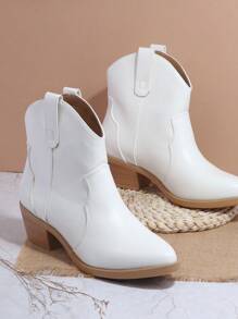 Vegan Leather Zip-Up Block Heel Ankle Boots - White - View 2