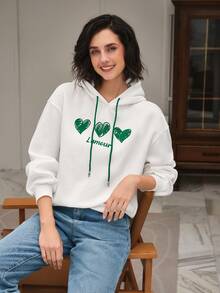 SHEIN Frenchy Heart & Letter Graphic Drop Shoulder Drawstring Hoodie - White - View 3