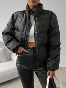 SHEIN Essnce 蛇皮印花提花按扣夹棉大衣 - 黑色 - 查看 4