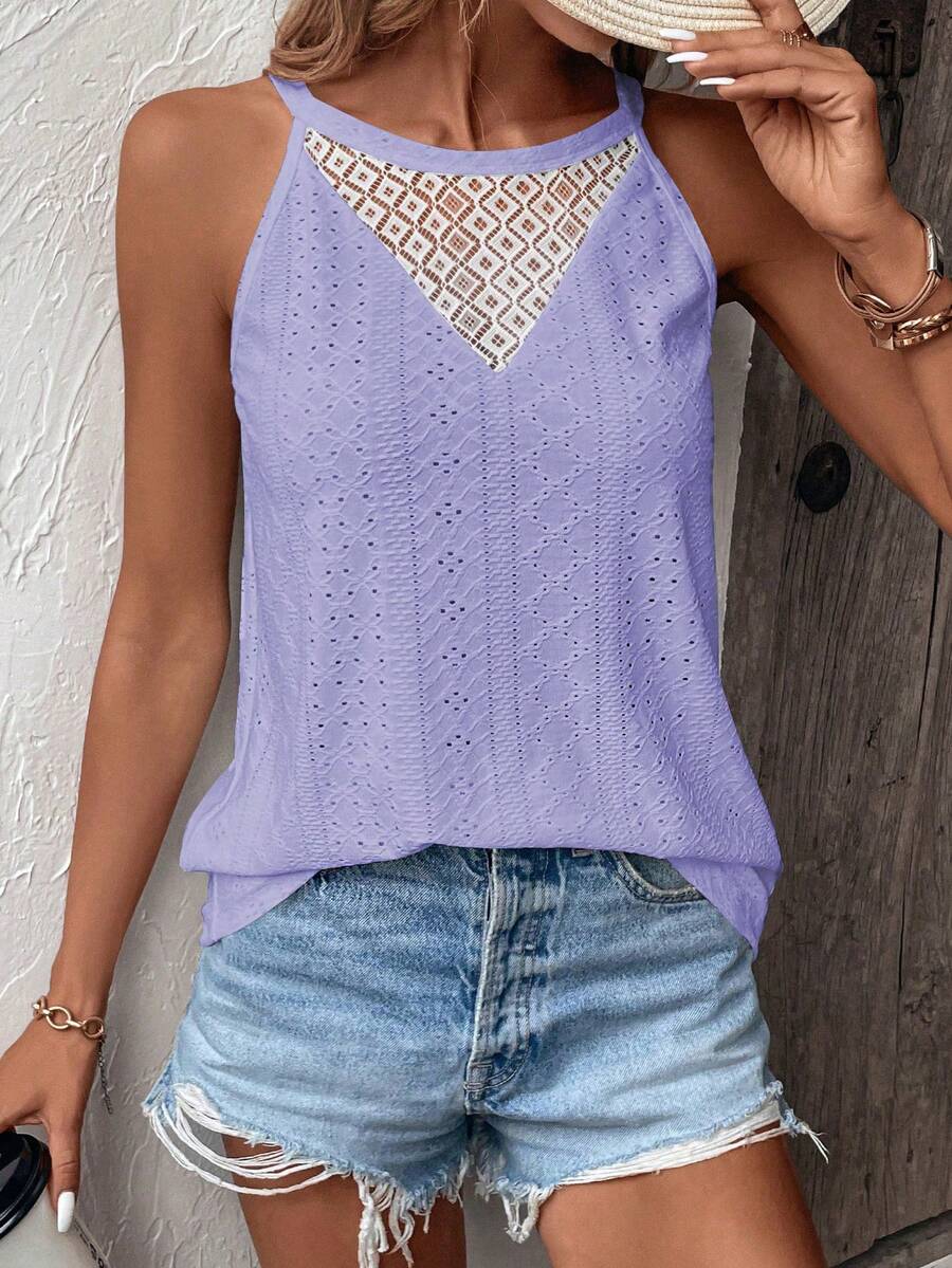 SHEIN LUNE 蕾絲拼接網眼刺繡背心上衣 - 紫色 - 查看 1