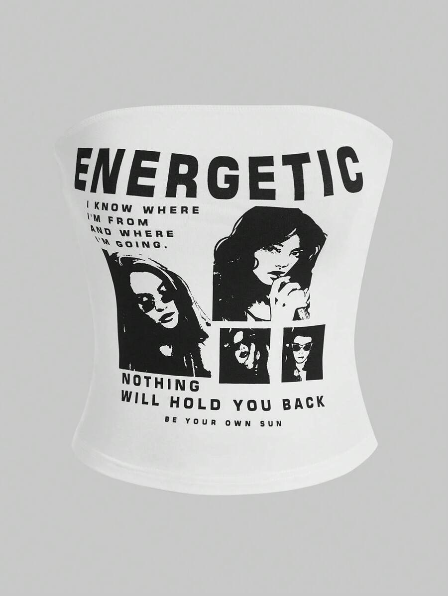 Muchica 人物与口号图案短款抹胸 精力充沛 我知道我从哪里来，要去哪里 没有什么能阻挡你 做你自己的太阳 - 白色 - 查看 1