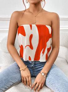 SHEIN Privé Allover Print Tube Top - Orange - View 3