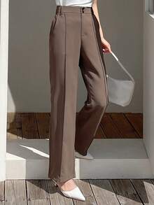 DAZY 高腰斜口袋直筒西裝褲 - 咖啡棕 - 查看 6