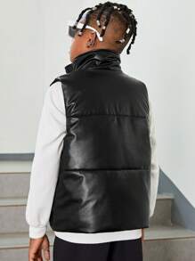 SHEIN Tween Boy Zip Up PU Leather Vest Padded Coat - Black - View 2