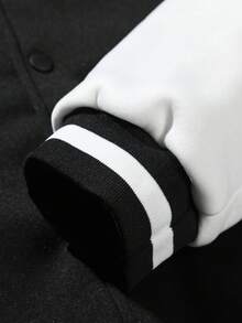 ROMWE MEN Prep Men Letter Graphic Two Tone Striped Trim Varsity Jacket - Black and White - View 5