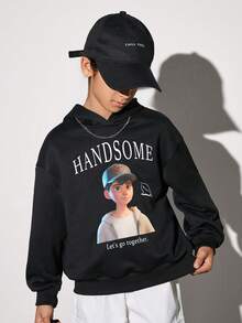 SHEIN Tween Boy Slogan & Figure Graphic Drop Shoulder Sweatshirt Without Necklace - Black - View 4