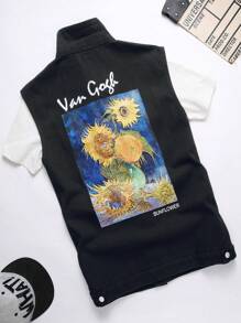 Manfinity Homme Men Plus Floral & Letter Graphic Denim Jacket Without Tee - Black - View 1