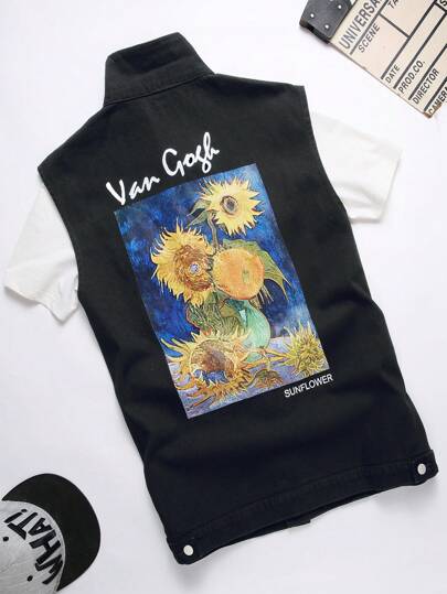 Manfinity Homme Men Plus Floral & Letter Graphic Denim Jacket Without Tee